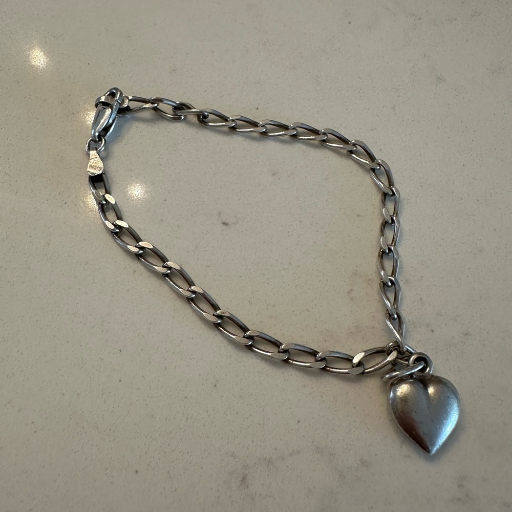 Vintage Sterling Silver Heart Charm Link Bracelet